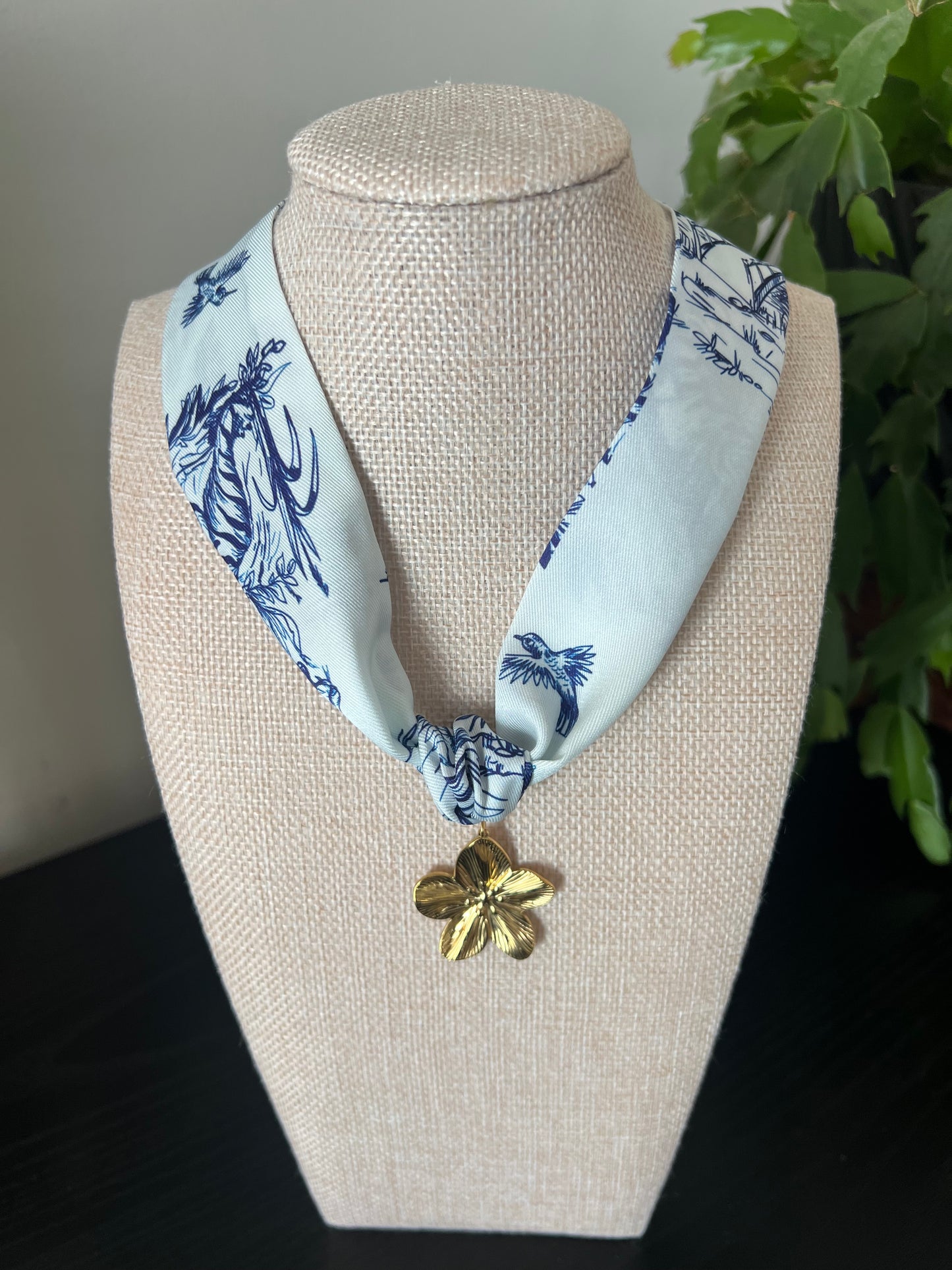 White & Blue Flower Scarf Necklace