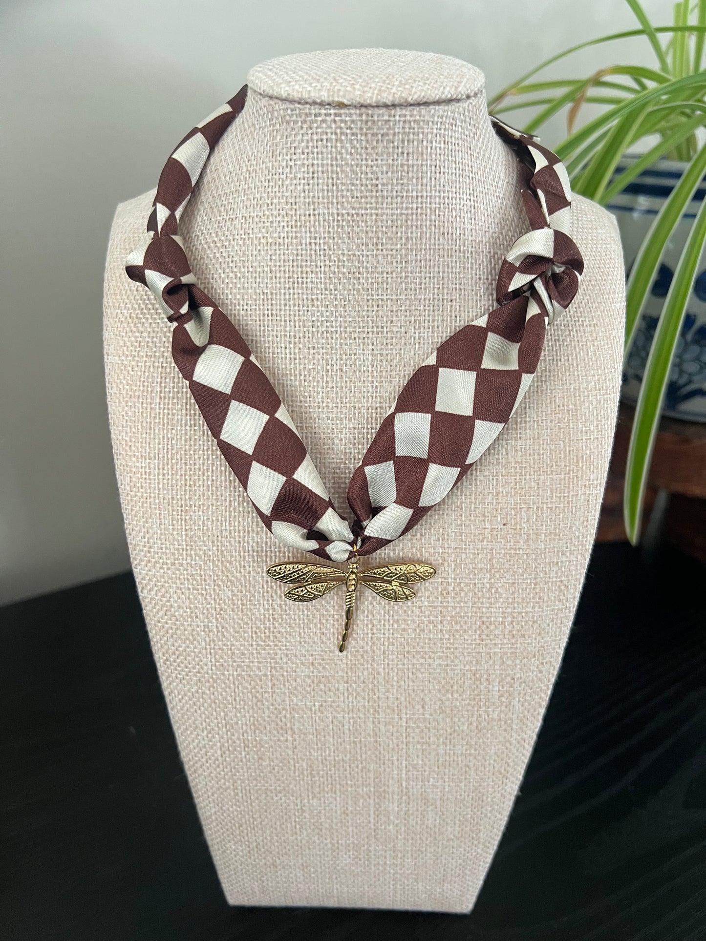 Checkered Dragonfly Scarf Necklace