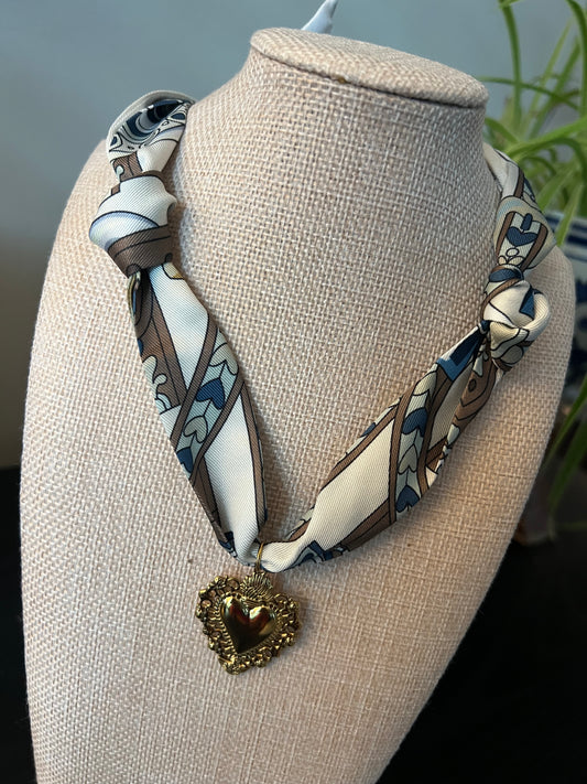 Blue & Taupe Scarf Necklace