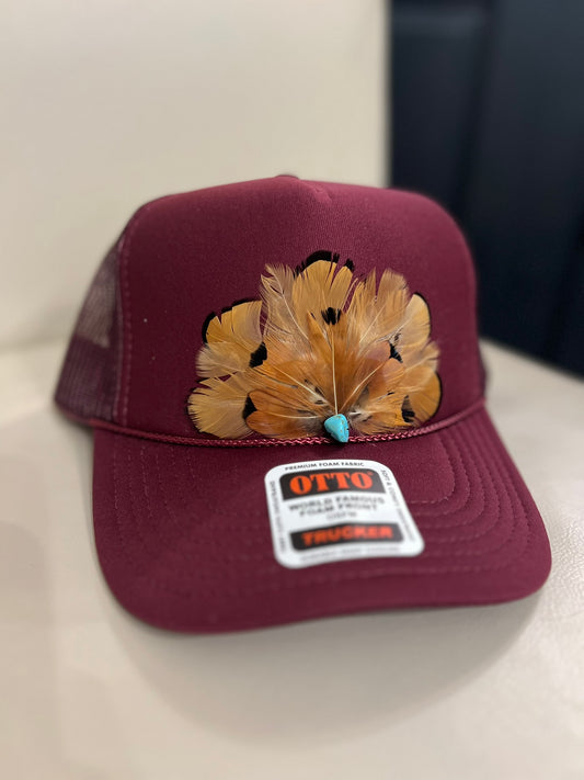 CUSTOM Maroon Feather Trucker Hat