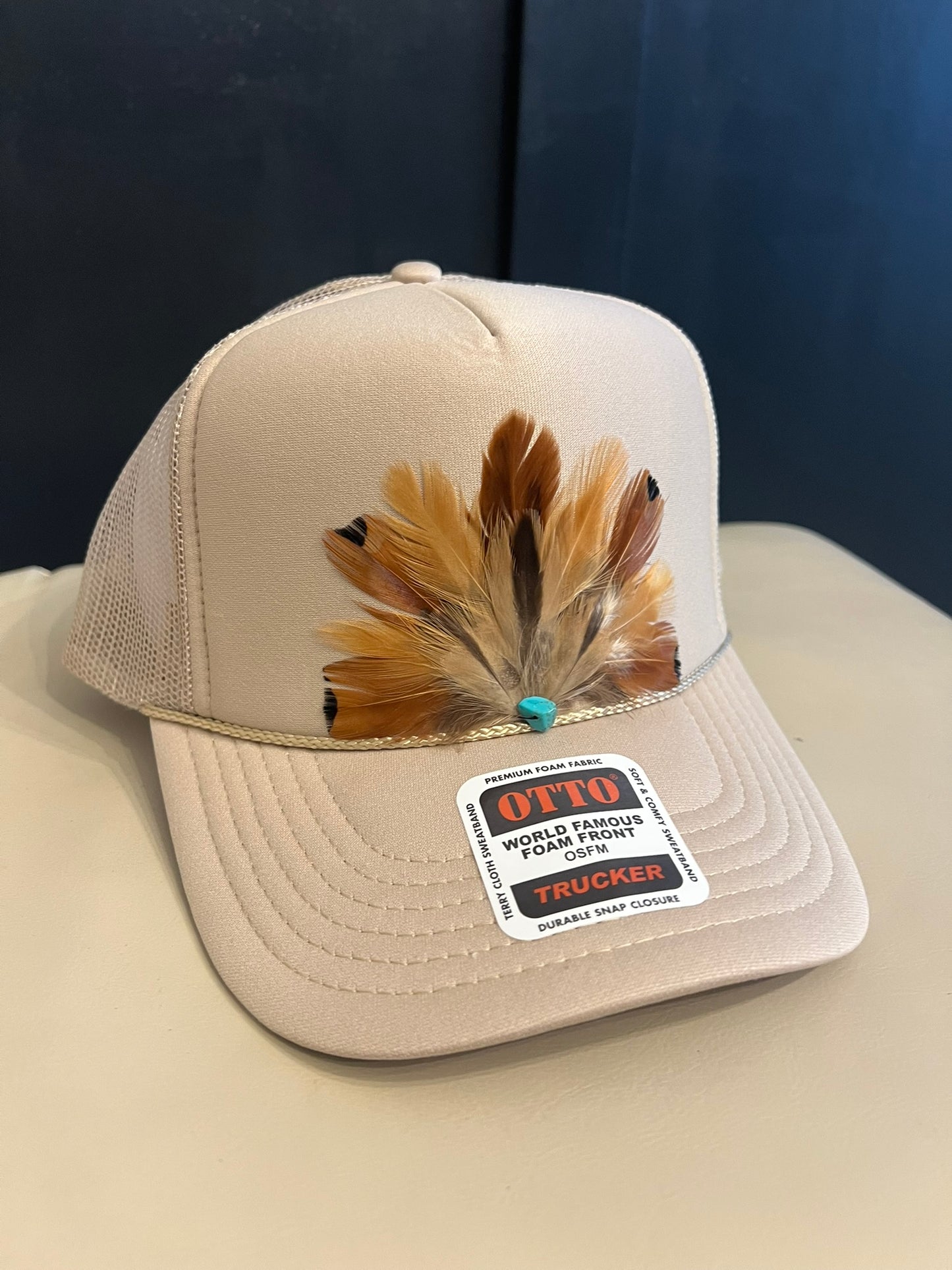 CUSTOM Tan Feather Trucker