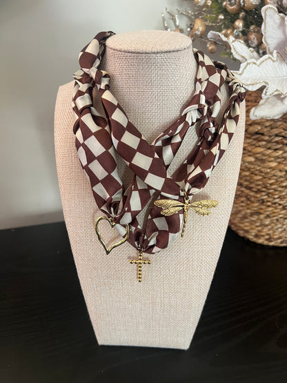 Brown Checkered Scarf Necklace