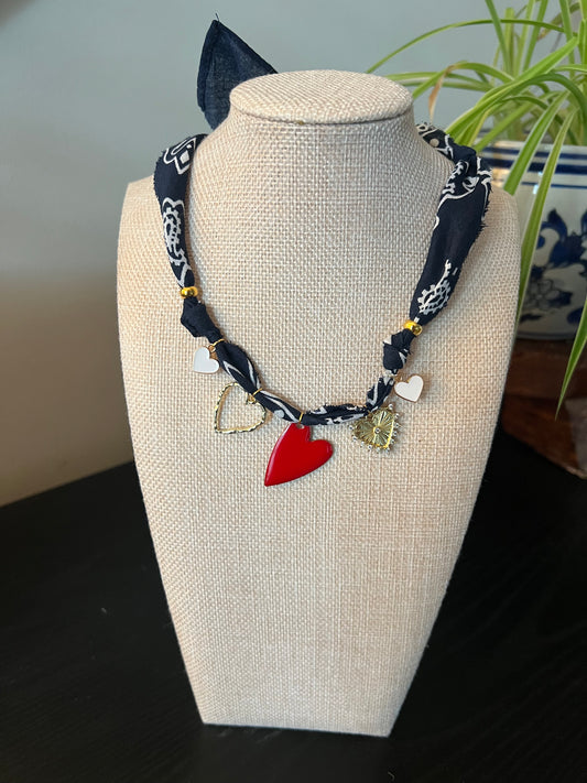 Navy Heart Charm Bandana Necklace