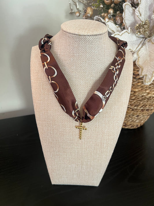 Brown Chain Print Scarf Necklace