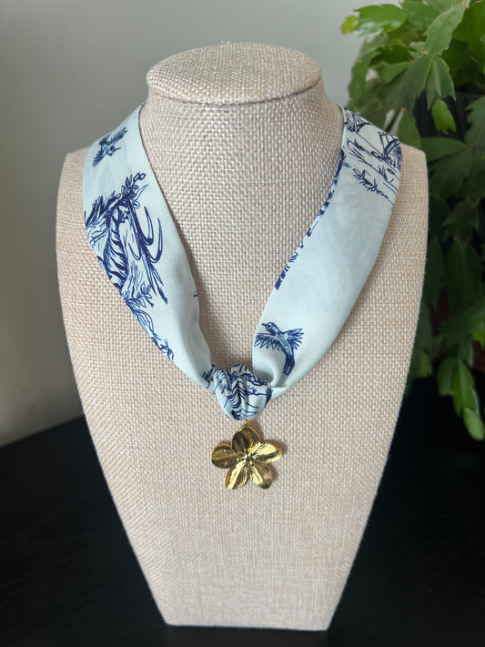 White & Blue Flower Scarf Necklace