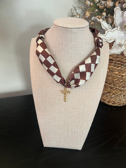 Brown Checkered Scarf Necklace