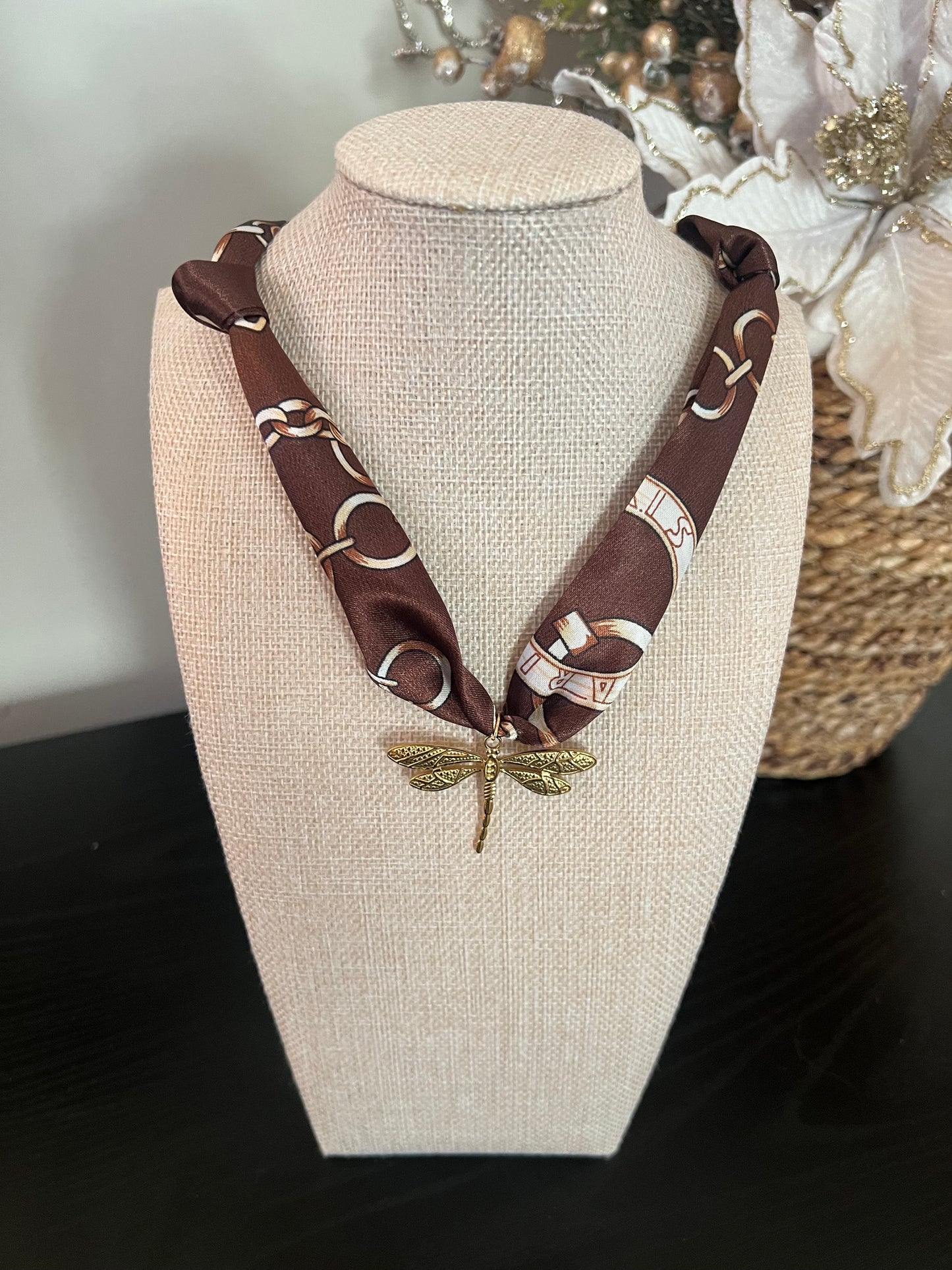 Brown Chain Print Scarf Necklace