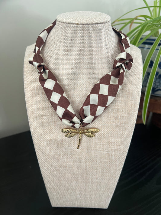 Checkered Dragonfly Scarf Necklace