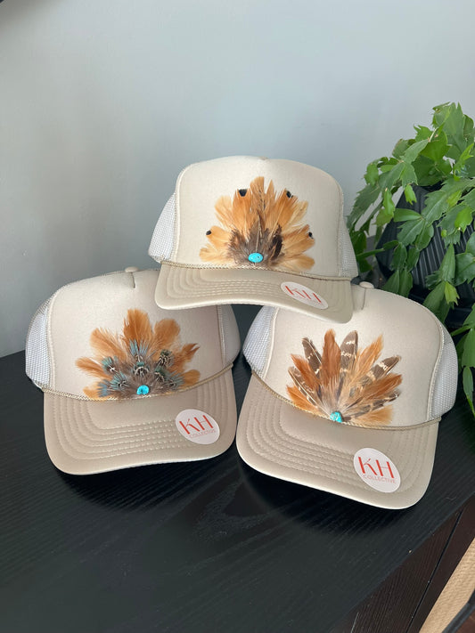 CUSTOM Tan Feather Trucker